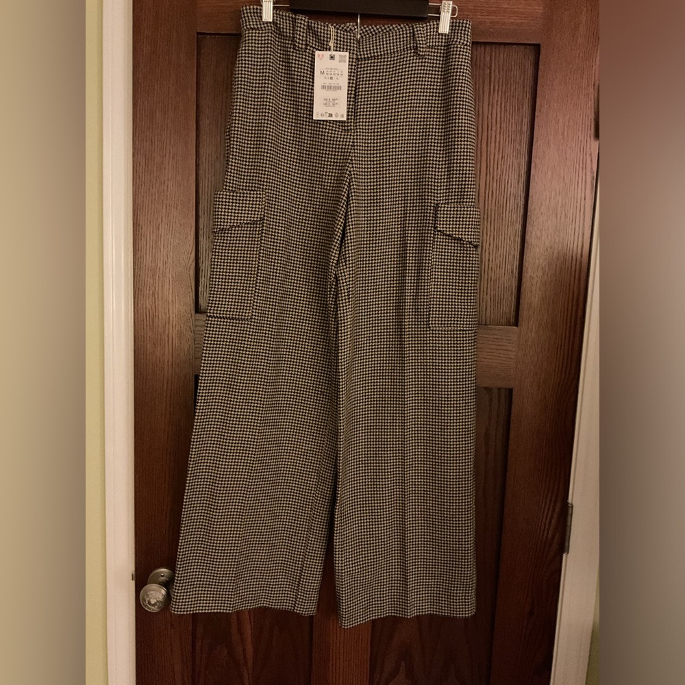 NWT ZARA Houndstooth Flap Pocket Cargo Pants Wide Leg High Waist M